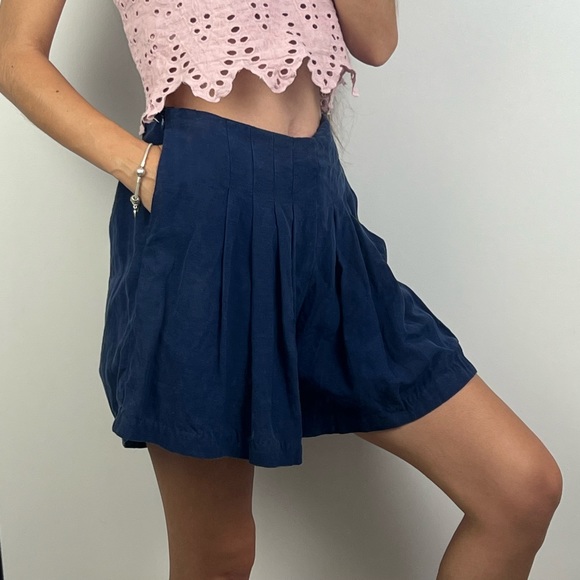 Sancia Culotte Shorts Linen Blend Pleated High Waist Navy Blue Tennis Size M - Picture 2 of 12